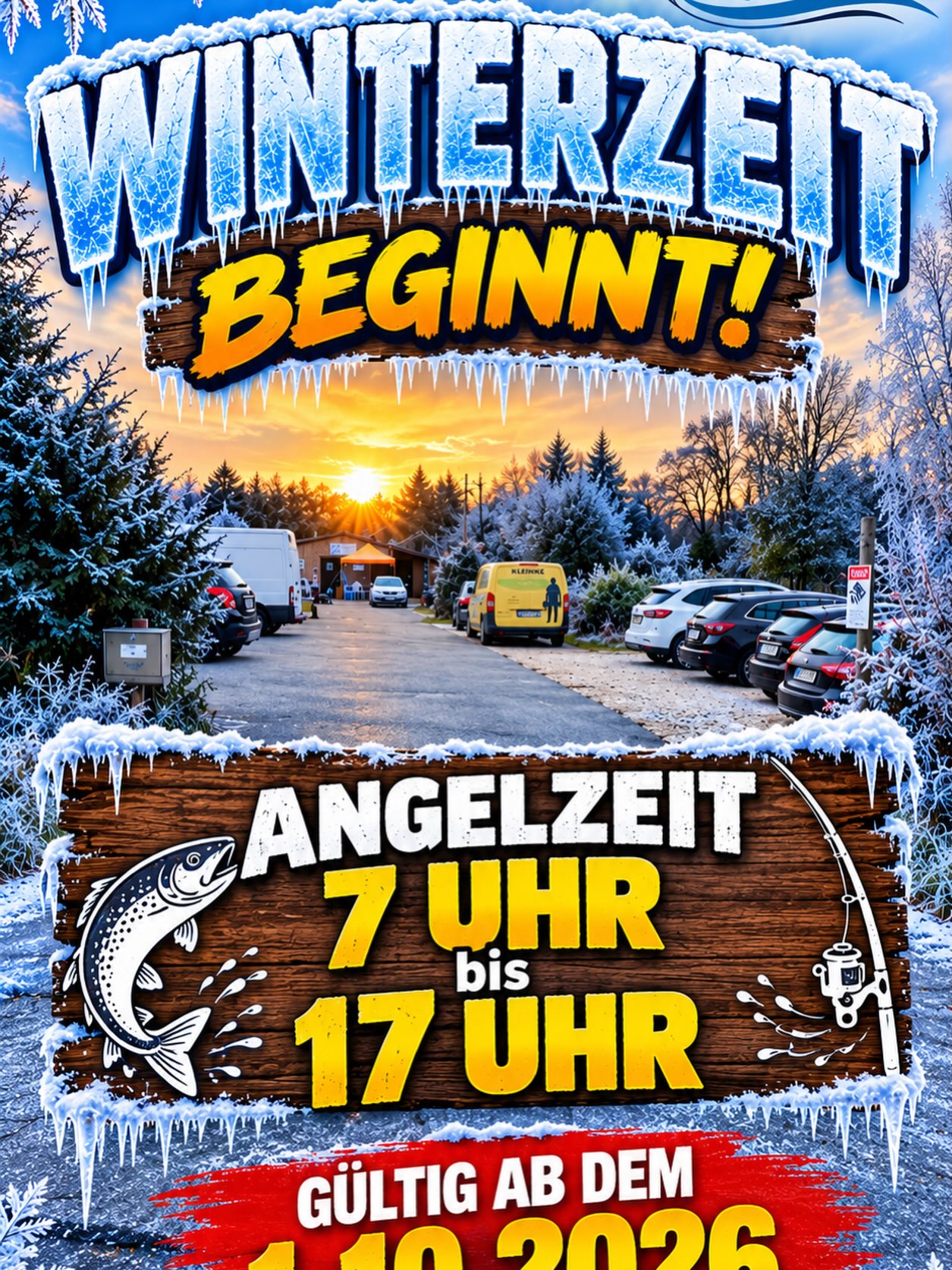 Achtung! Ab Morgen dem 01.10.2026 beginnen die neuen Öffnungszeiten. Ab dann dürft ihr von 07:00-17:00 Uhr bei uns angeln.
!!!!!! Kein Fahrzeug darf …